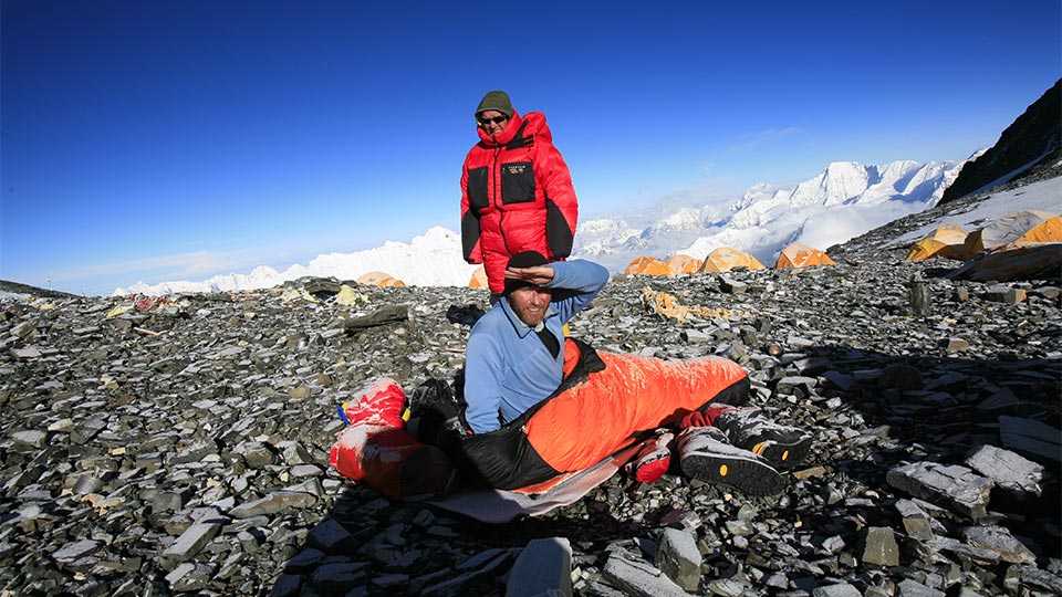Jamie waking outside at South Col